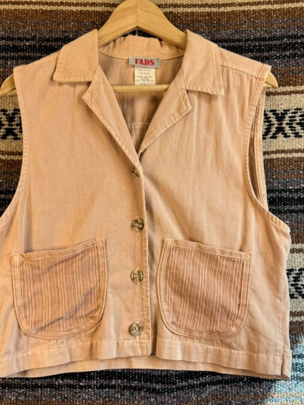 Vintage FADS Made in USA Cotton Vest Pockets Peach 6
